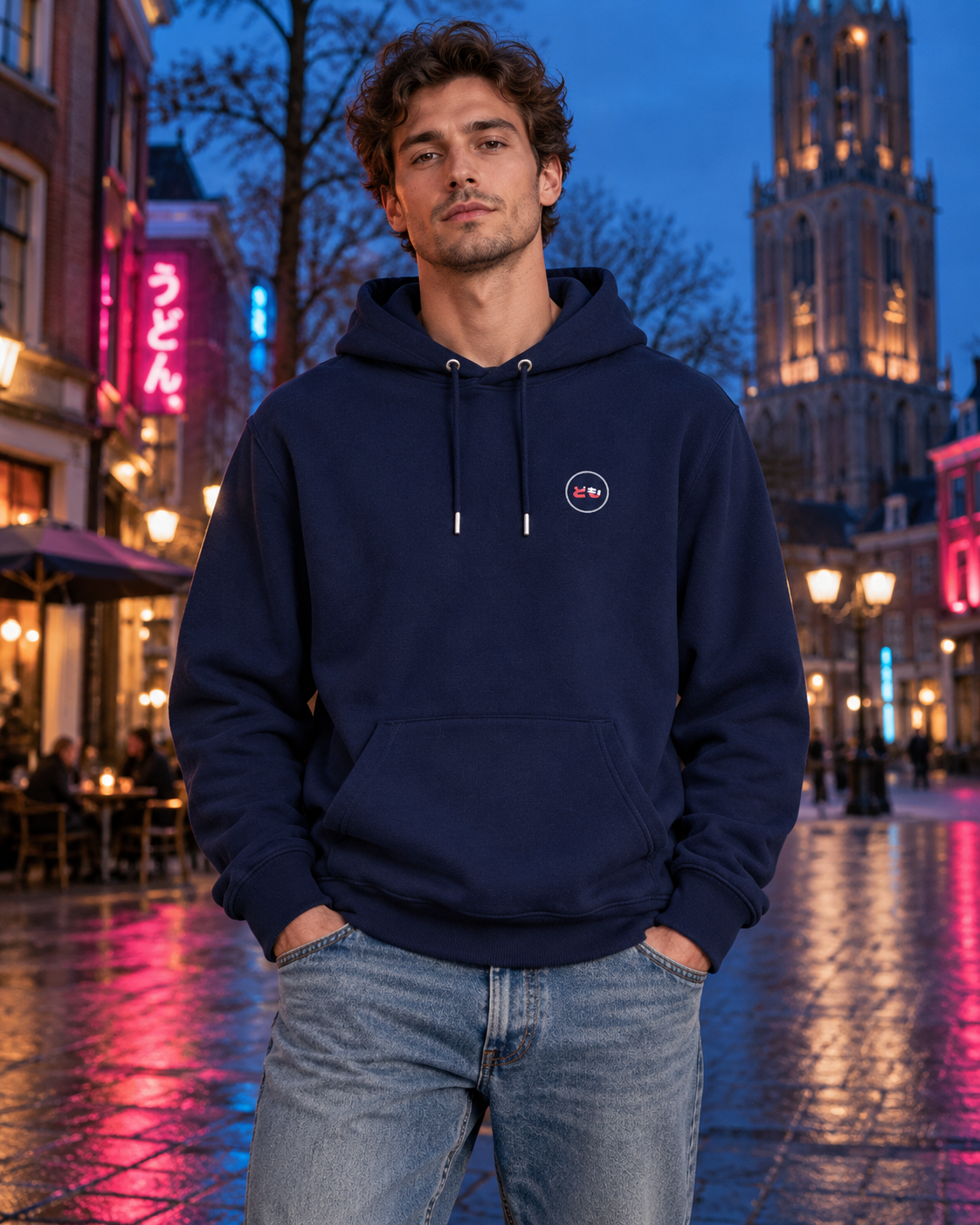 Nukumori Cruiser 2.0 350 GSM organic cotton fleece hoodie: RELAXED MEDIUM FIT, roomy chest and upper arms, shoulders gently relaxed, loose straight body and natural drape, comfortable streetwear, NOT slim or tight, NOT extreme oversized — Neo — front logo on model