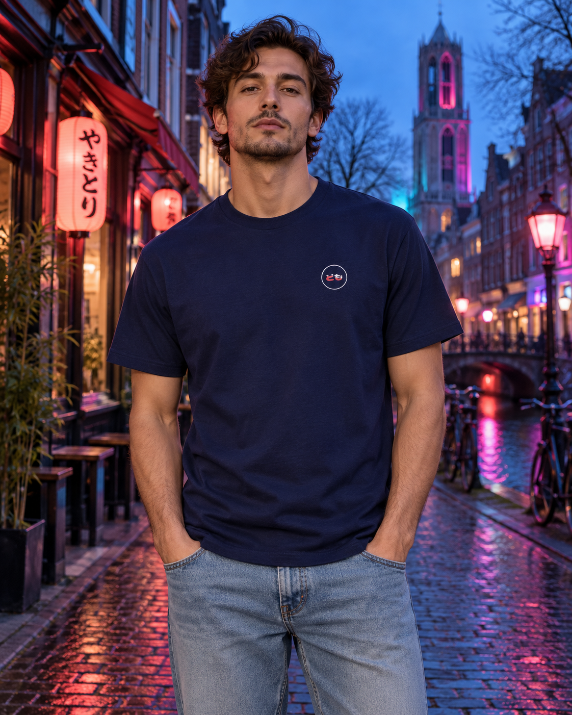 Kata Creator 2.0 medium-fit unisex 180 GSM tee — Neo — front logo on model