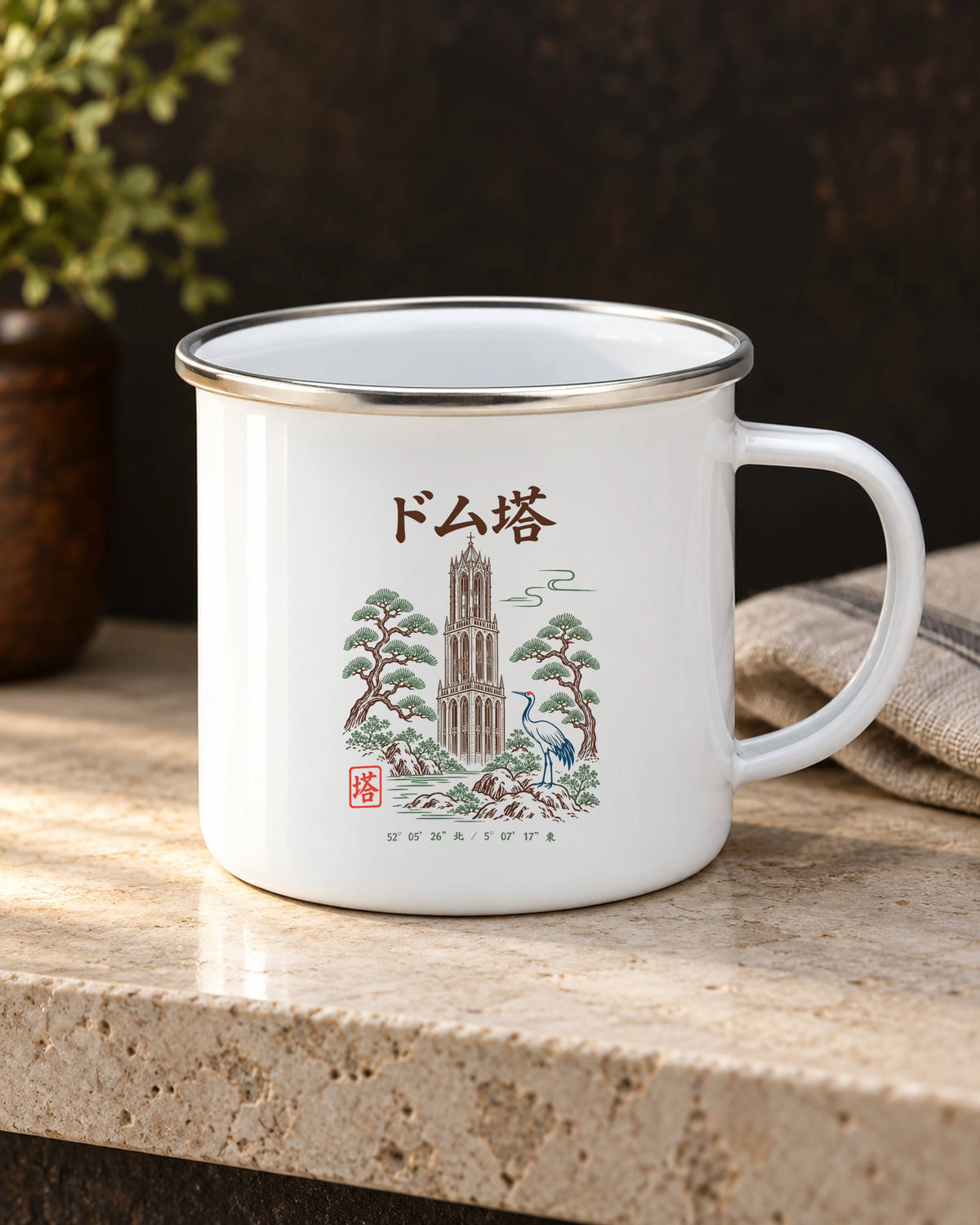 Cha Mug — white enamel mug with the original Zen Light design, right-hand handle, on a stone surface