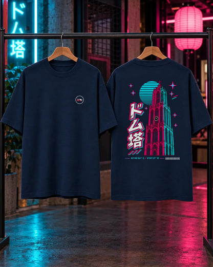 Fudō oversized unisex 280 GSM tee with dropped shoulders — front and back on hangers