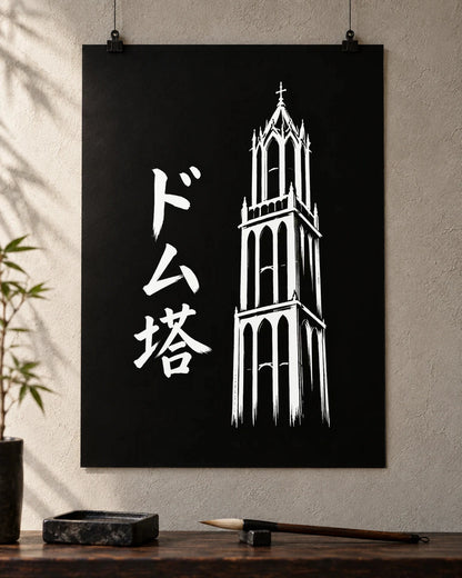 Sumi A2 poster with white Domtower and Japanese calligraphy on a Japanese studio wall; poster supplied unframed
