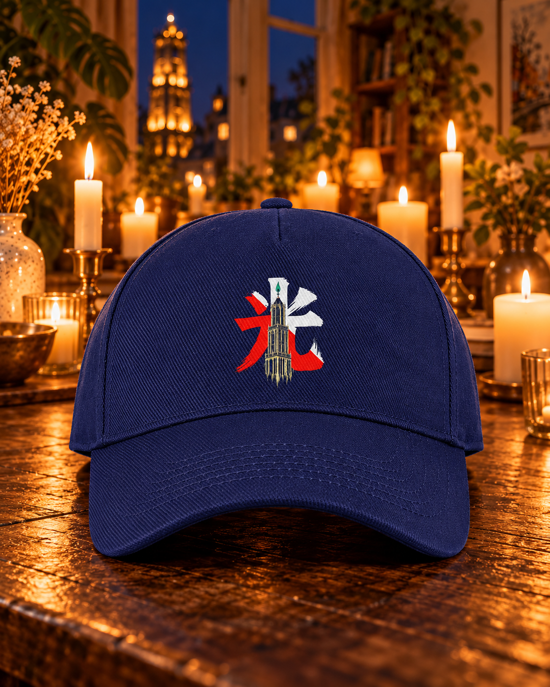 Kage Cap Candle in navy — vooraanzicht bij kaarslicht