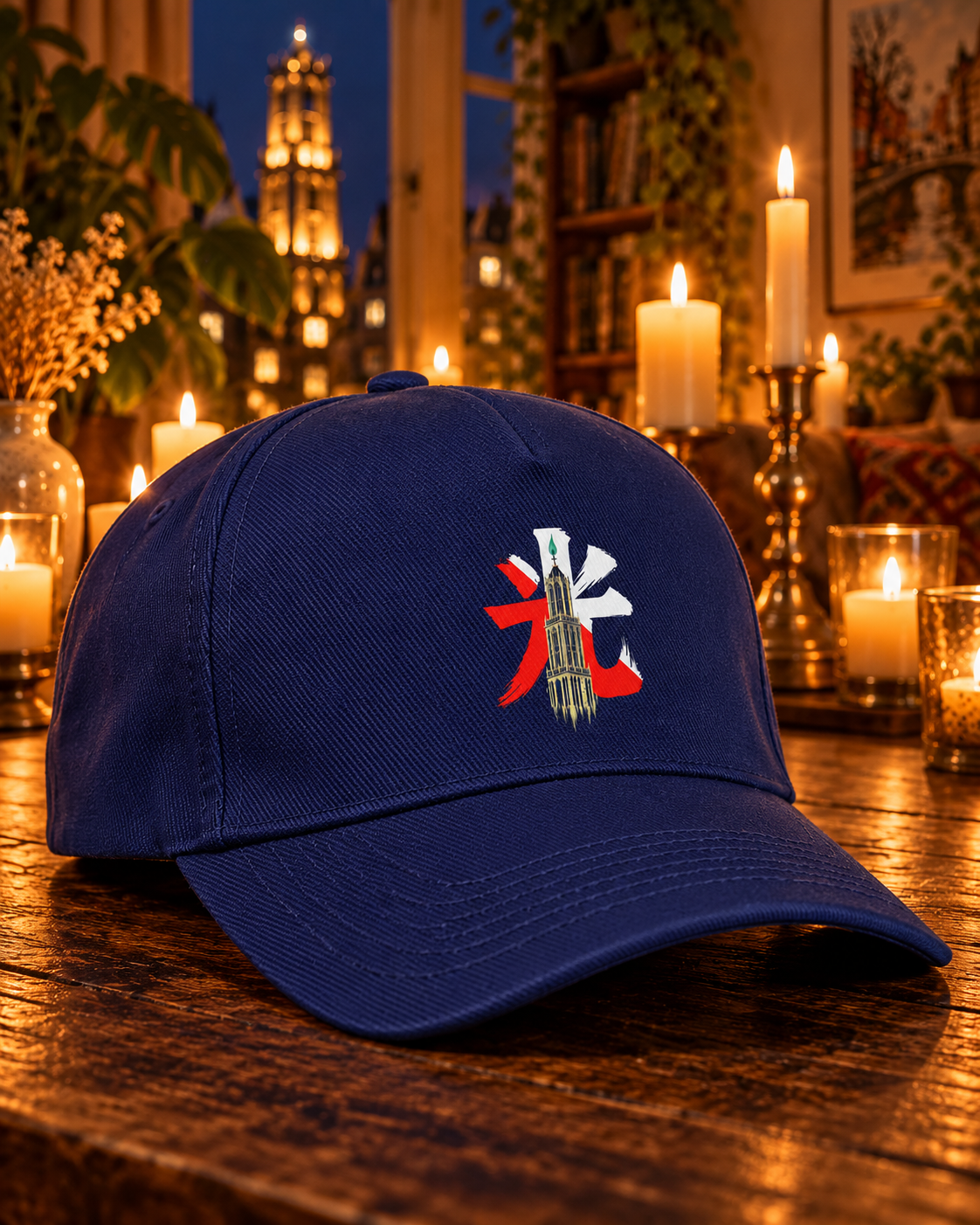 Kage Cap Candle in navy — andere zijde bij kaarslicht
