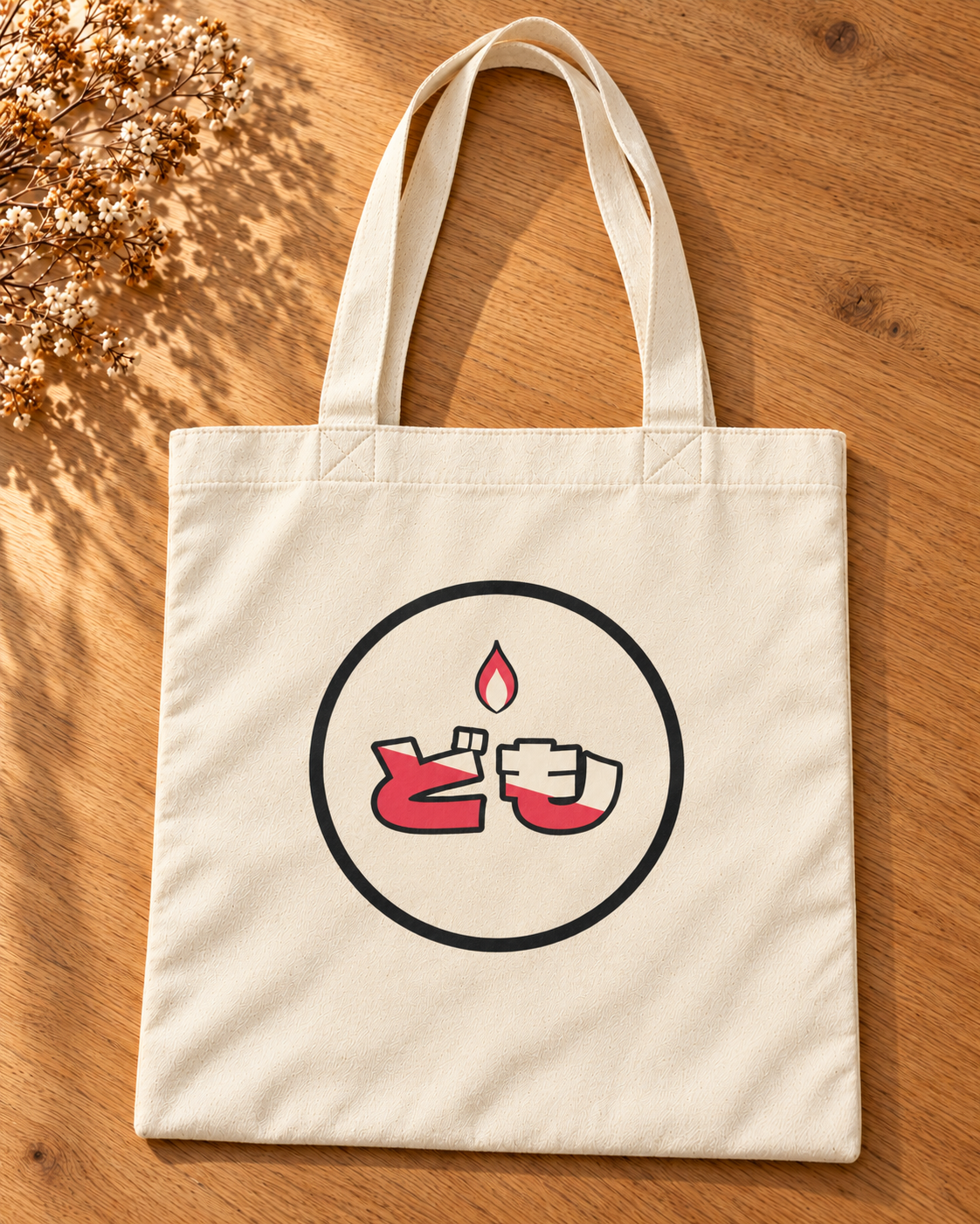Fukuro Tote Lantern in naturel — achterkant met zwart omlijnd Domo-logo