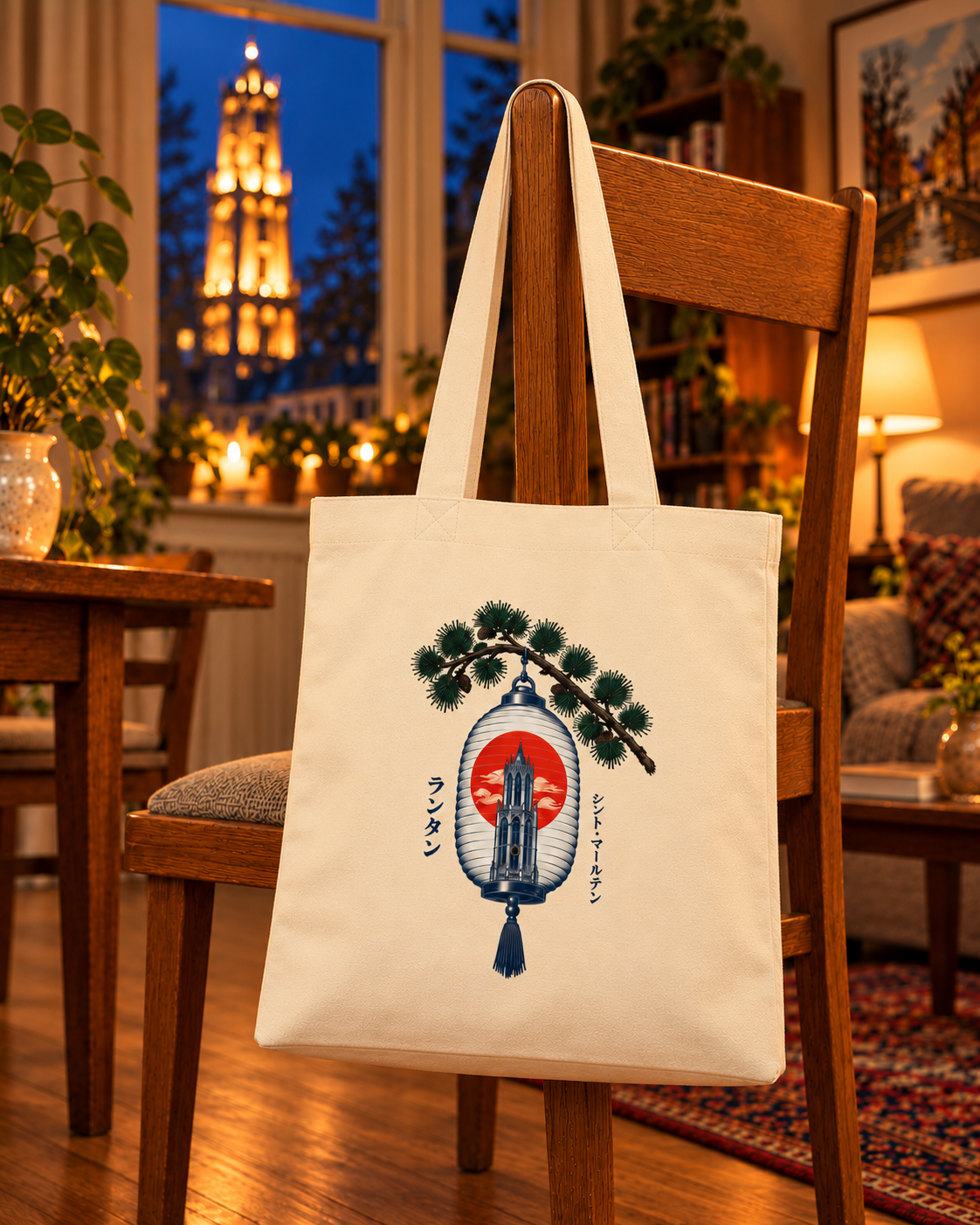 Fukuro Tote Lantern in naturel — voorkant aan houten zijstaander met twee gelijklopende lange hengsels