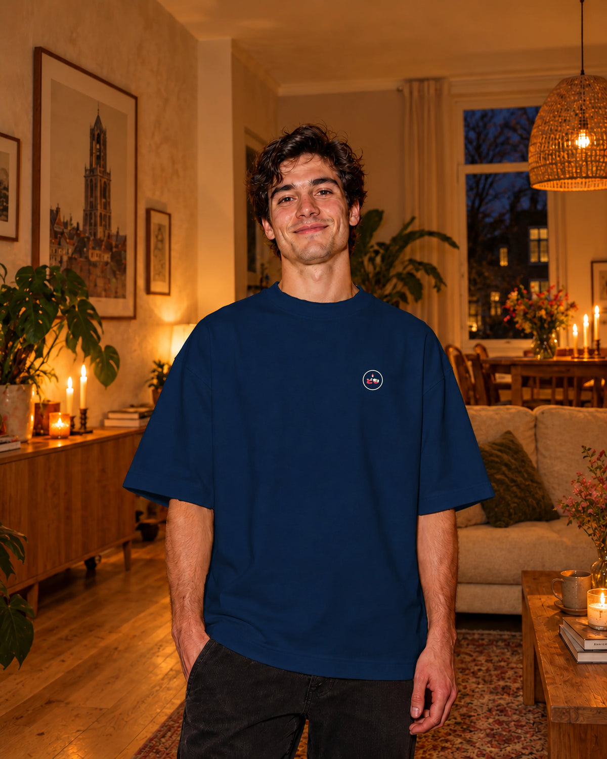 Fudō Tee 不動 | Candle — vooraanzicht met origineel borstlogo — binnen bij kaarslicht