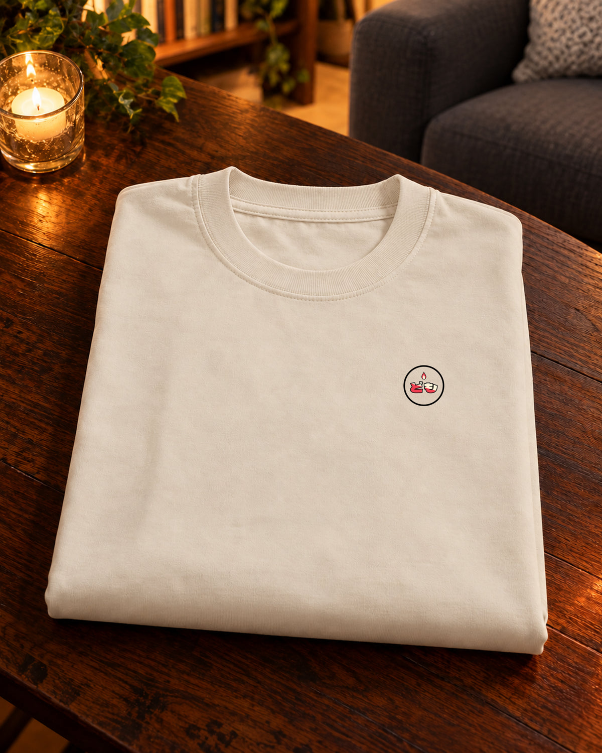 Fudō Tee 不動 | Lantern — Vintage White — gevouwen kledingstuk met origineel borstlogo op een tafel thuis bij kaarslicht