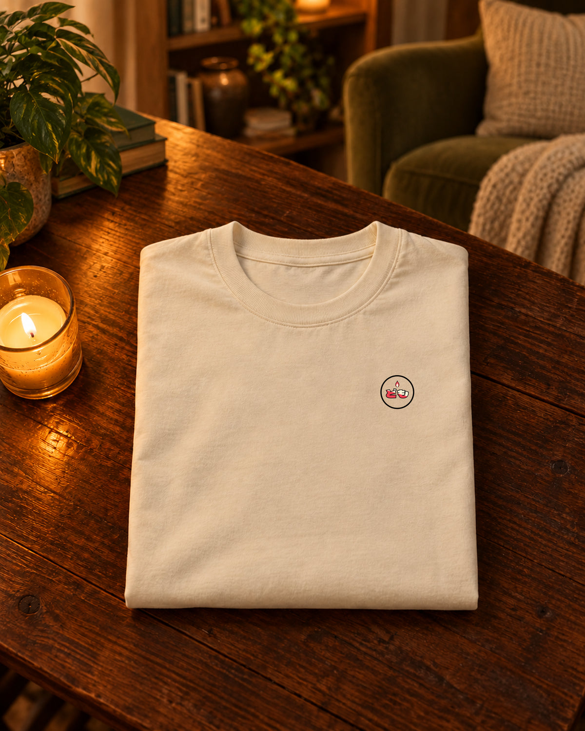 Kata Tee 型 | Lantern — Parchment — gevouwen kledingstuk met origineel borstlogo op een tafel thuis bij kaarslicht