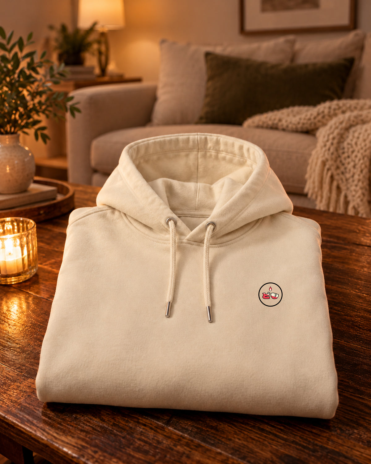 Nukumori Hoodie 温もり | Lantern — Parchment — gevouwen kledingstuk met origineel borstlogo op een tafel thuis bij kaarslicht