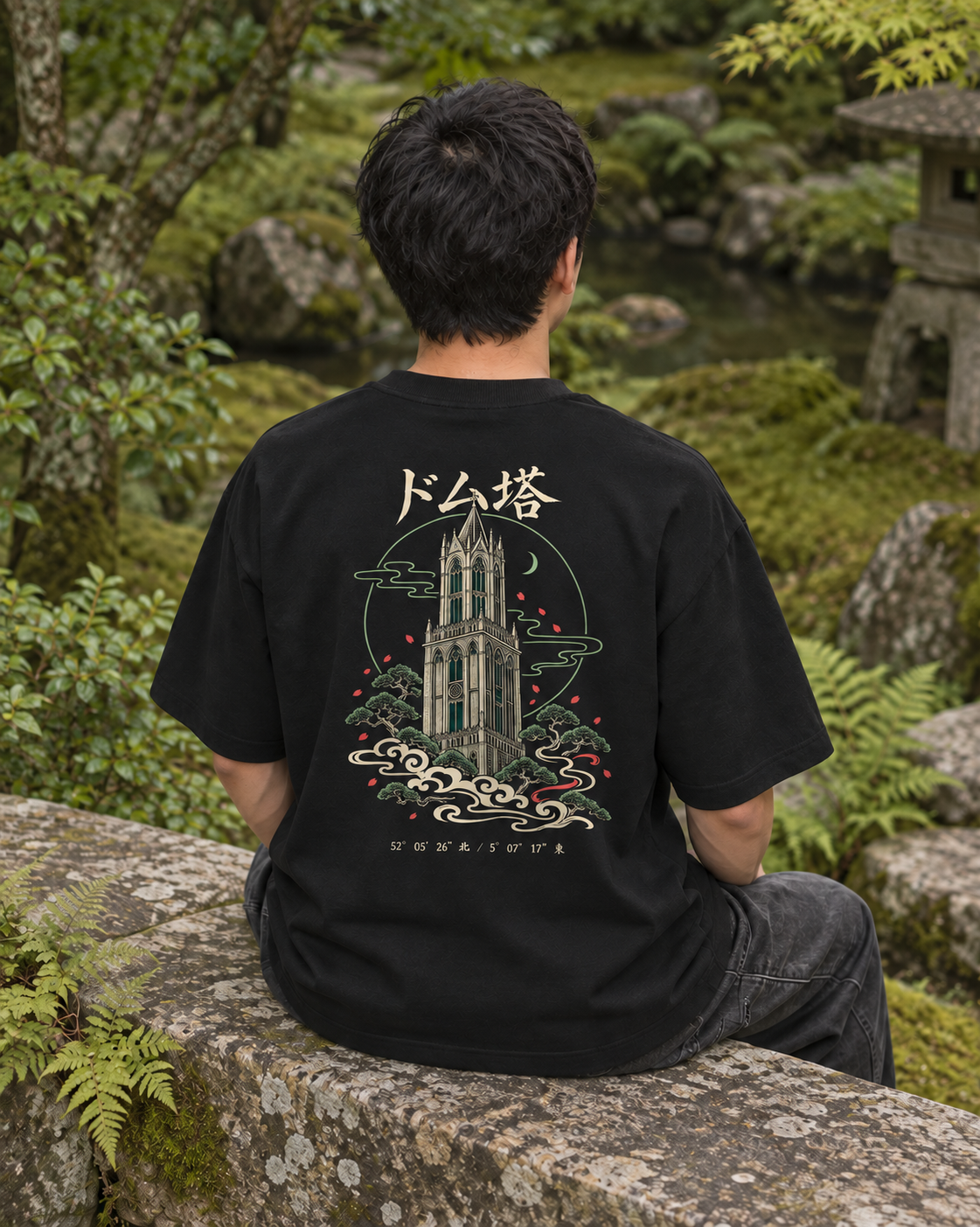 Fudō Tee 不動 | Zen Dark — back view showing the artwork in a Japanese setting
