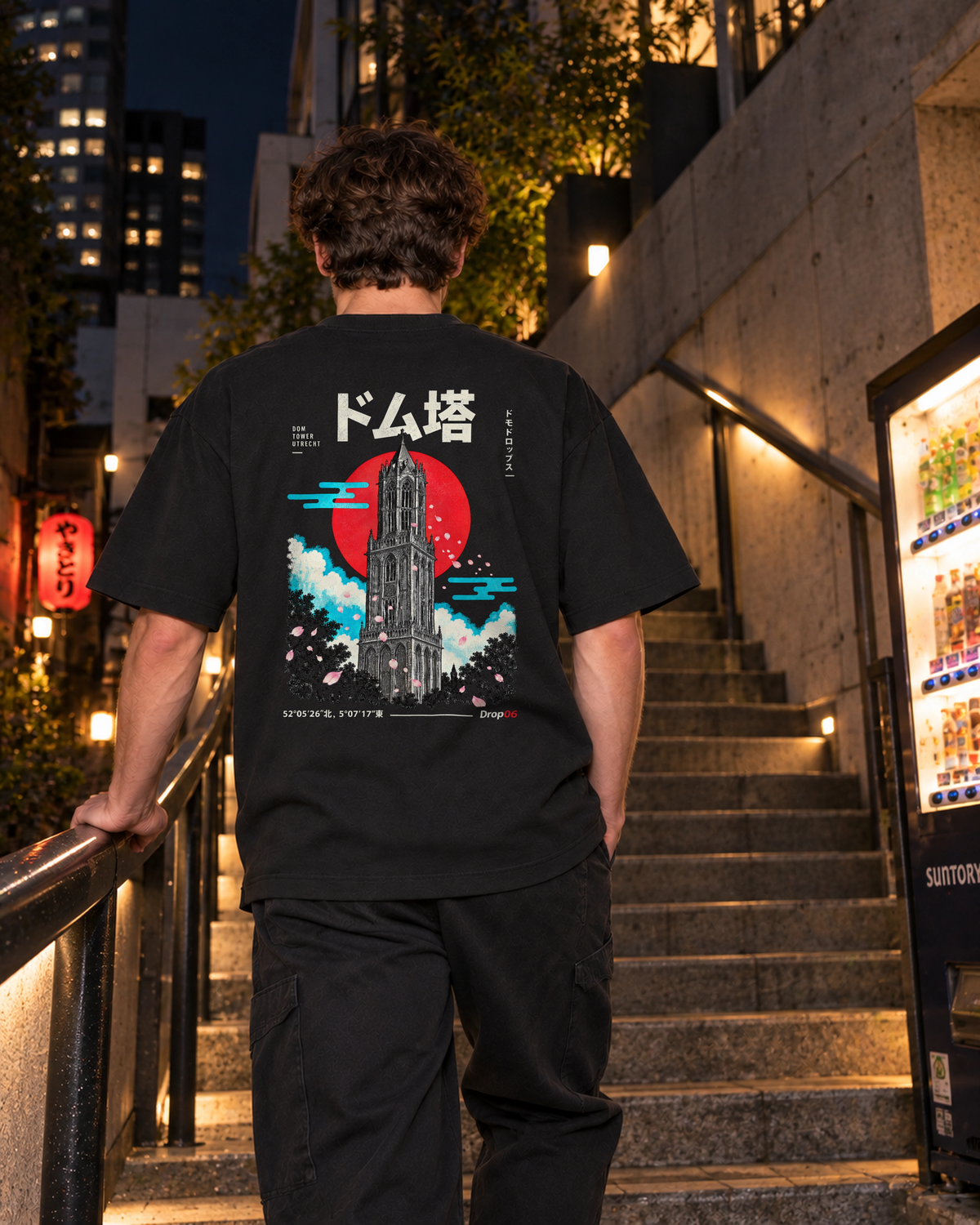 Fudō Tee 不動 | Origin Dark — back view showing the artwork in a Japanese setting