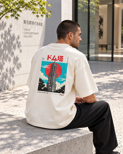 Fudō Tee 不動 | Origin Light — back view showing the artwork in a Japanese setting