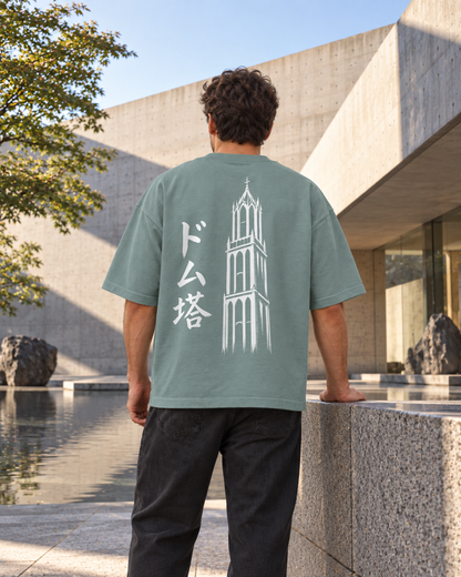 Fudō Tee 不動 | Ink — back view showing the artwork in a Japanese setting