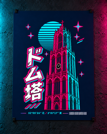 Gunjō Poster 群青 | Neo — A2 Domtower print on a dark wall with cyan and magenta neon lighting