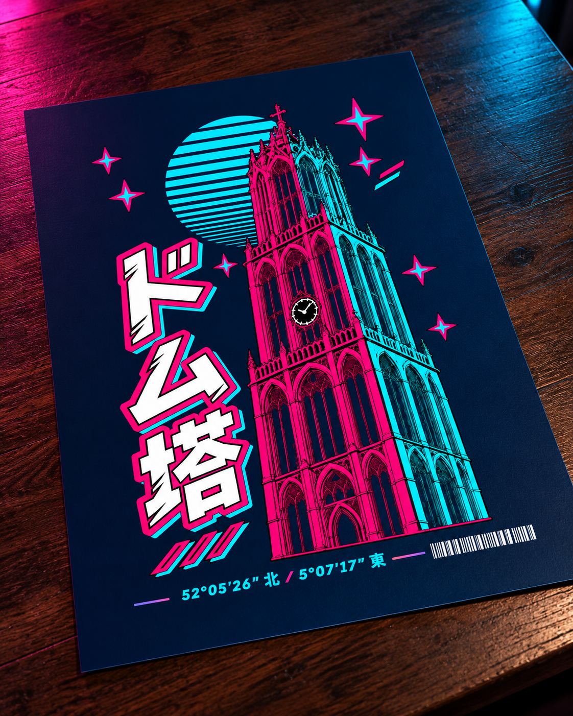 Gunjō Poster 群青 | Neo — detail of the matte poster on a walnut table with neon accent lighting