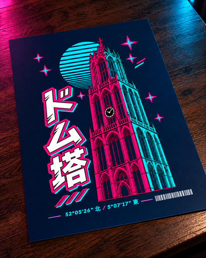 Gunjō Poster 群青 | Neo — detail of the matte poster on a walnut table with neon accent lighting
