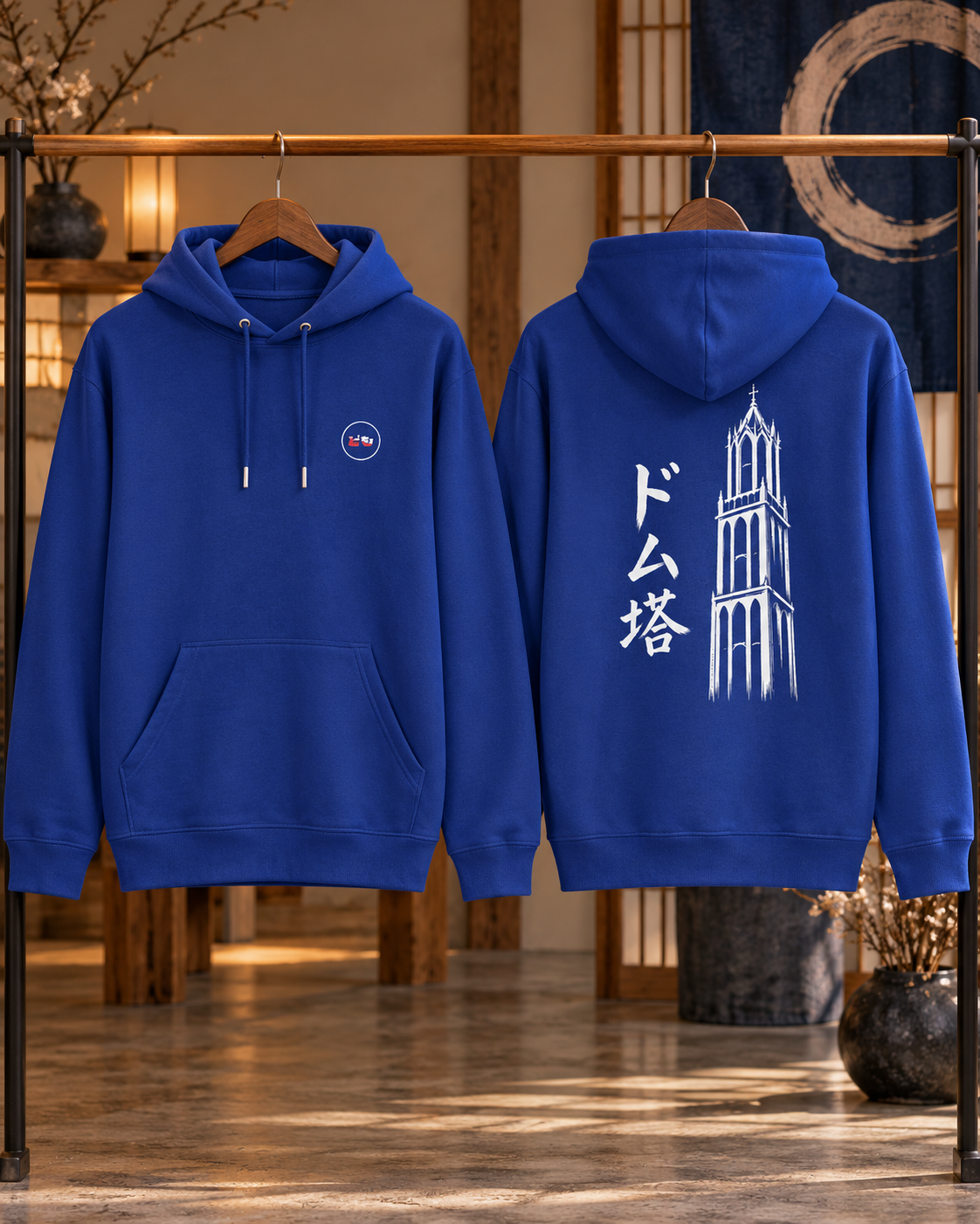 Nukumori Cruiser 2.0 unisex relaxed-medium-fit 350 GSM hoodie — front and back on hangers