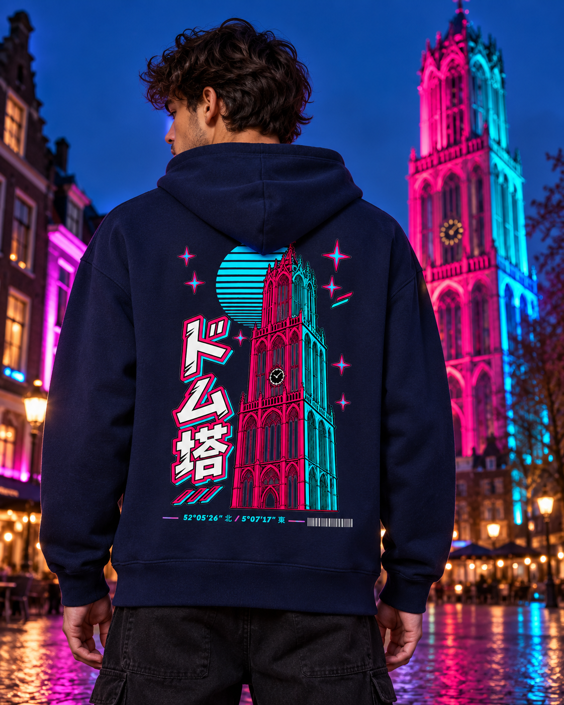 Nukumori Cruiser 2.0 350 GSM organic cotton fleece hoodie: RELAXED MEDIUM FIT, roomy chest and upper arms, shoulders gently relaxed, loose straight body and natural drape, comfortable streetwear, NOT slim or tight, NOT extreme oversized — Neo — back artwork on model