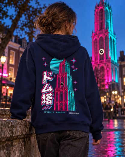 Nukumori Cruiser 2.0 350 GSM organic cotton fleece hoodie: RELAXED MEDIUM FIT, roomy chest and upper arms, shoulders gently relaxed, loose straight body and natural drape, comfortable streetwear, NOT slim or tight, NOT extreme oversized — Neo — back artwork on model