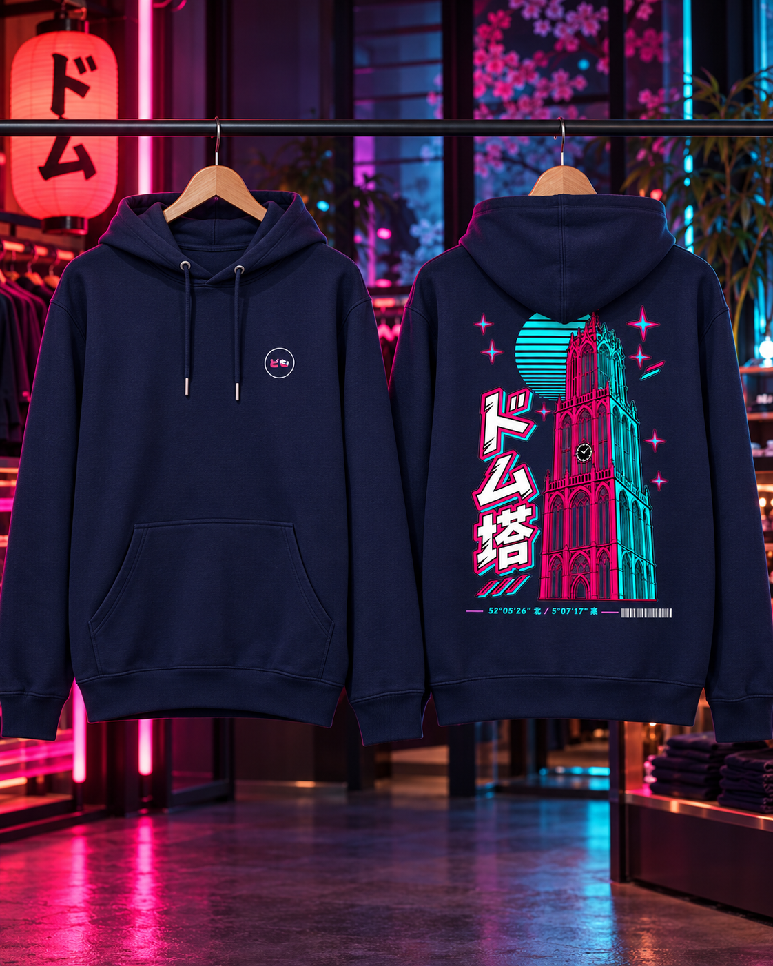 Nukumori Cruiser 2.0 unisex relaxed-medium-fit 350 GSM hoodie — front and back on hangers