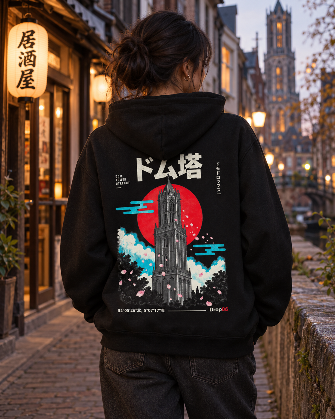 Nukumori Cruiser 2.0 350 GSM organic cotton fleece hoodie: RELAXED MEDIUM FIT, roomy chest and upper arms, shoulders gently relaxed, loose straight body and natural drape, comfortable streetwear, NOT slim or tight, NOT extreme oversized — Origin Dark — back artwork on model