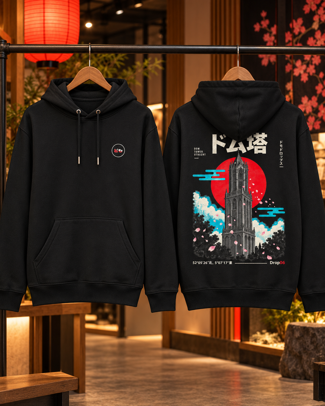 Nukumori Cruiser 2.0 unisex relaxed-medium-fit 350 GSM hoodie — front and back on hangers