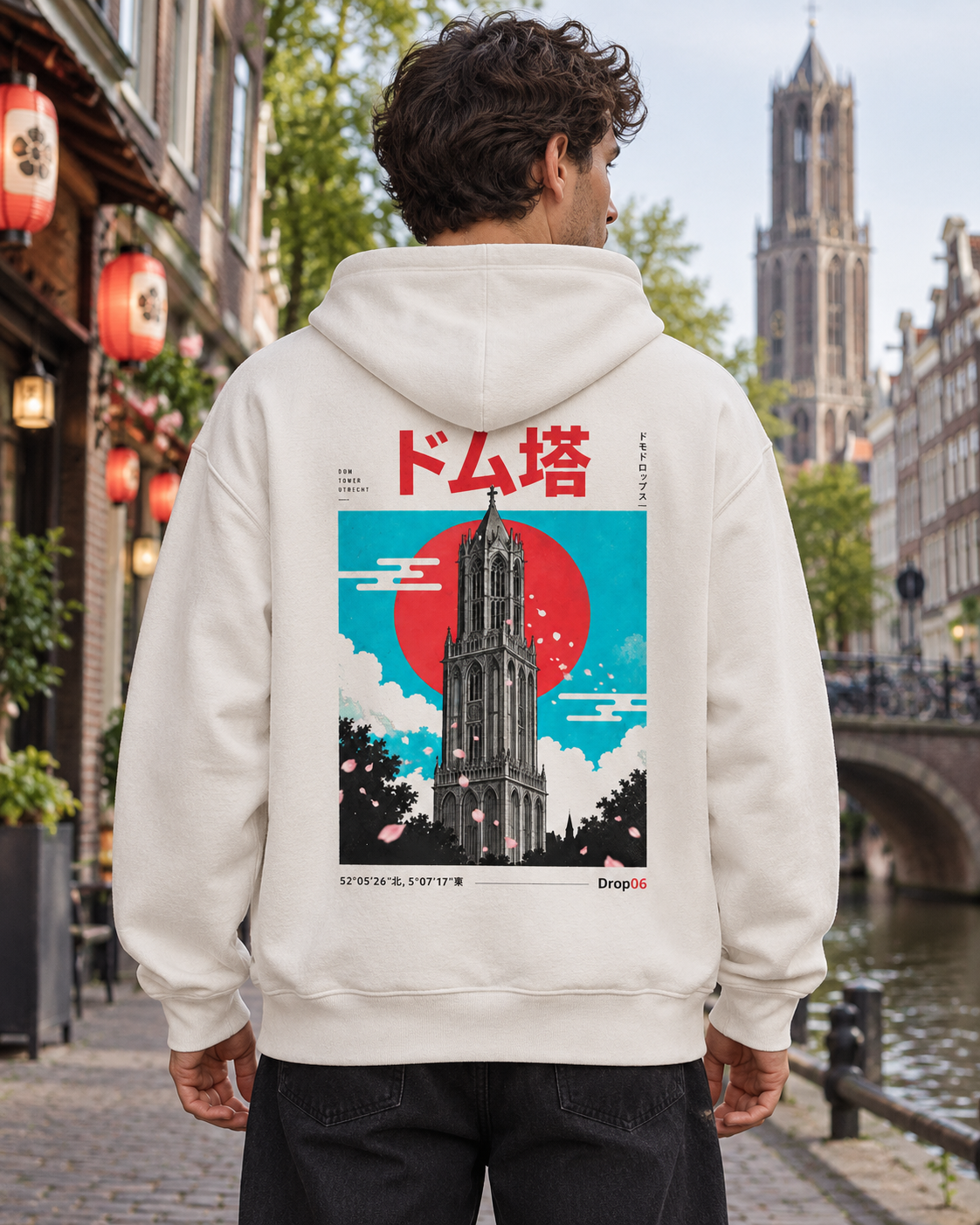 Nukumori Cruiser 2.0 350 GSM organic cotton fleece hoodie: RELAXED MEDIUM FIT, roomy chest and upper arms, shoulders gently relaxed, loose straight body and natural drape, comfortable streetwear, NOT slim or tight, NOT extreme oversized — Origin Light — back artwork on model