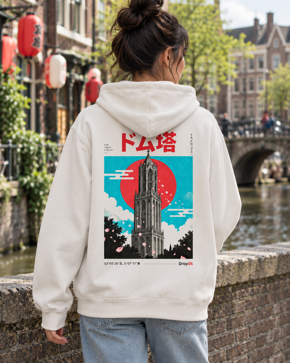 Nukumori Cruiser 2.0 350 GSM organic cotton fleece hoodie: RELAXED MEDIUM FIT, roomy chest and upper arms, shoulders gently relaxed, loose straight body and natural drape, comfortable streetwear, NOT slim or tight, NOT extreme oversized — Origin Light — back artwork on model