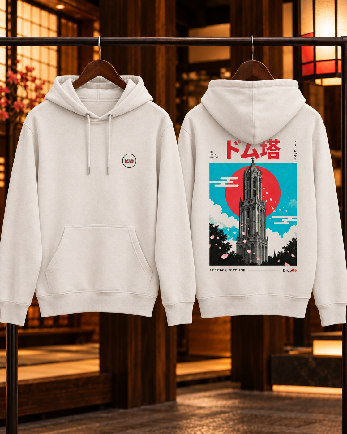 Nukumori Cruiser 2.0 unisex relaxed-medium-fit 350 GSM hoodie — front and back on hangers