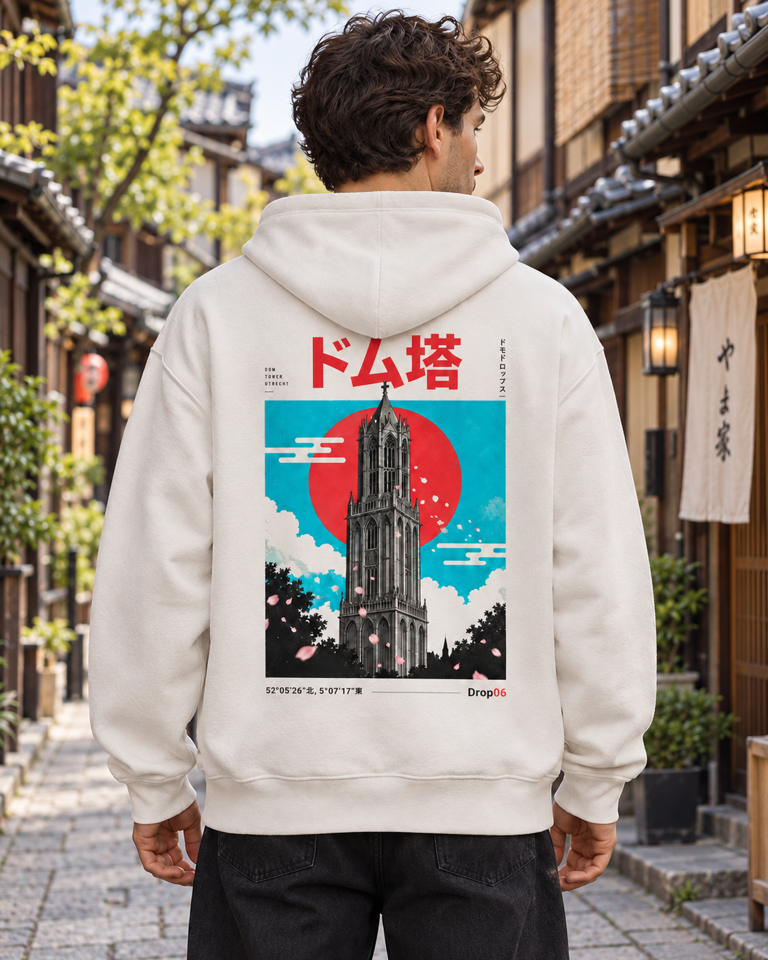 Nukumori Hoodie | Origin Light — back view in a Kyoto street, Japan