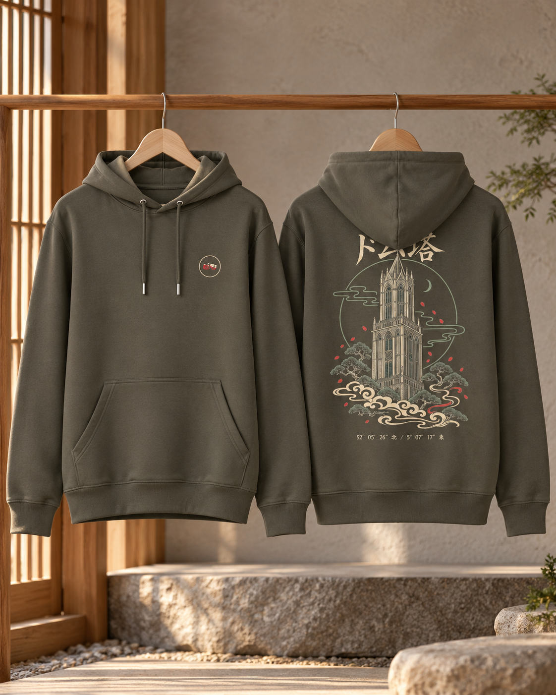 Nukumori Cruiser 2.0 unisex relaxed-medium-fit 350 GSM hoodie — front and back on hangers