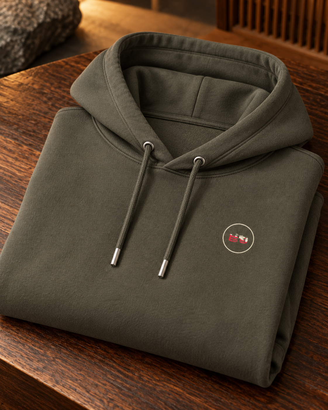Nukumori Cruiser 2.0 unisex relaxed-medium-fit 350 GSM hoodie — folded garment, cotton fabric and printed Domo chest logo