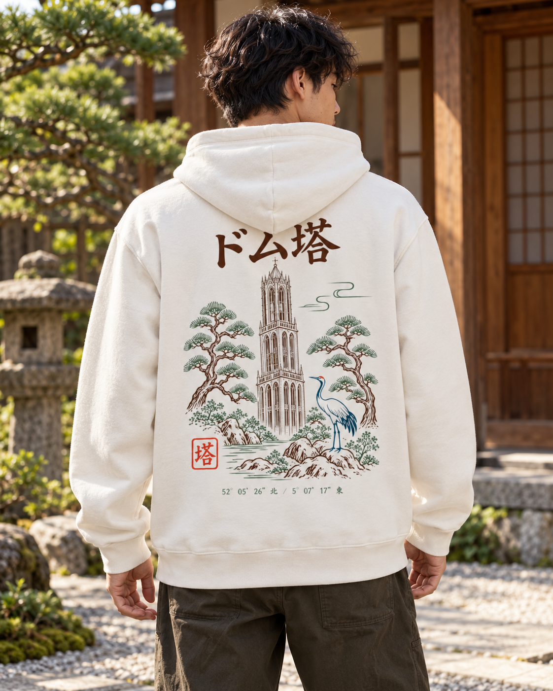 Nukumori Cruiser 2.0 350 GSM organic cotton fleece hoodie: RELAXED MEDIUM FIT, roomy chest and upper arms, shoulders gently relaxed, loose straight body and natural drape, comfortable streetwear, NOT slim or tight, NOT extreme oversized — Zen Light — back artwork on model