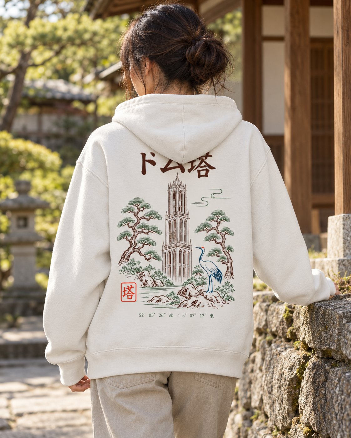 Nukumori Cruiser 2.0 350 GSM organic cotton fleece hoodie: RELAXED MEDIUM FIT, roomy chest and upper arms, shoulders gently relaxed, loose straight body and natural drape, comfortable streetwear, NOT slim or tight, NOT extreme oversized — Zen Light — back artwork on model