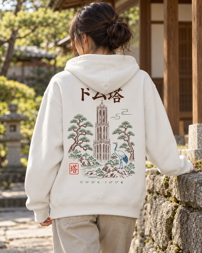 Nukumori Cruiser 2.0 350 GSM organic cotton fleece hoodie: RELAXED MEDIUM FIT, roomy chest and upper arms, shoulders gently relaxed, loose straight body and natural drape, comfortable streetwear, NOT slim or tight, NOT extreme oversized — Zen Light — back artwork on model