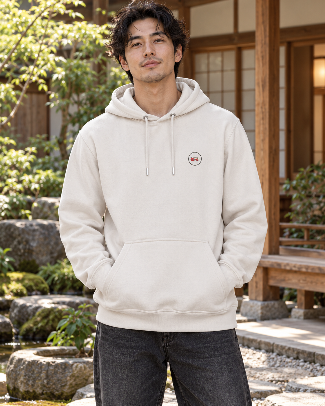 Nukumori Cruiser 2.0 350 GSM organic cotton fleece hoodie: RELAXED MEDIUM FIT, roomy chest and upper arms, shoulders gently relaxed, loose straight body and natural drape, comfortable streetwear, NOT slim or tight, NOT extreme oversized — Zen Light — front logo on model