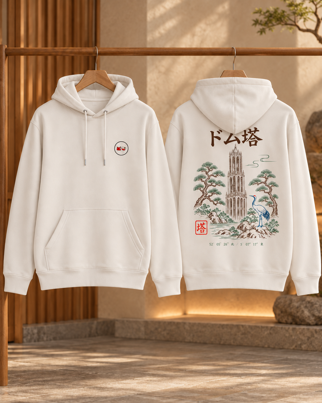 Nukumori Cruiser 2.0 unisex relaxed-medium-fit 350 GSM hoodie — front and back on hangers
