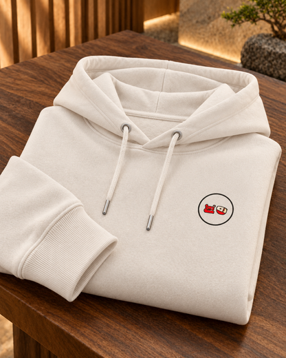 Nukumori Cruiser 2.0 unisex relaxed-medium-fit 350 GSM hoodie — folded garment, cotton fabric and printed Domo chest logo