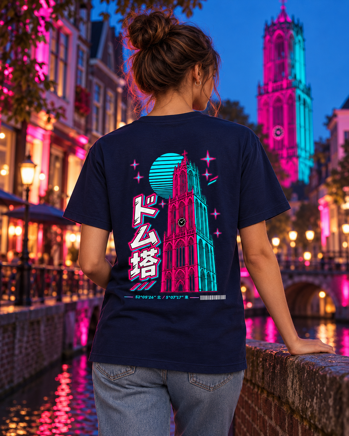 Kata Creator 2.0 medium-fit unisex 180 GSM tee — Neo — back artwork on model