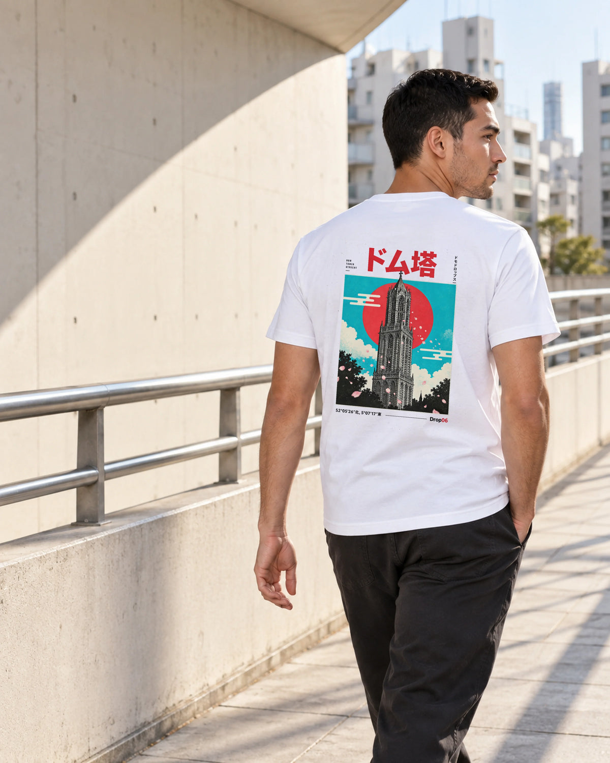 Kata Tee 型 | Origin Light — back view showing the artwork in a Japanese setting