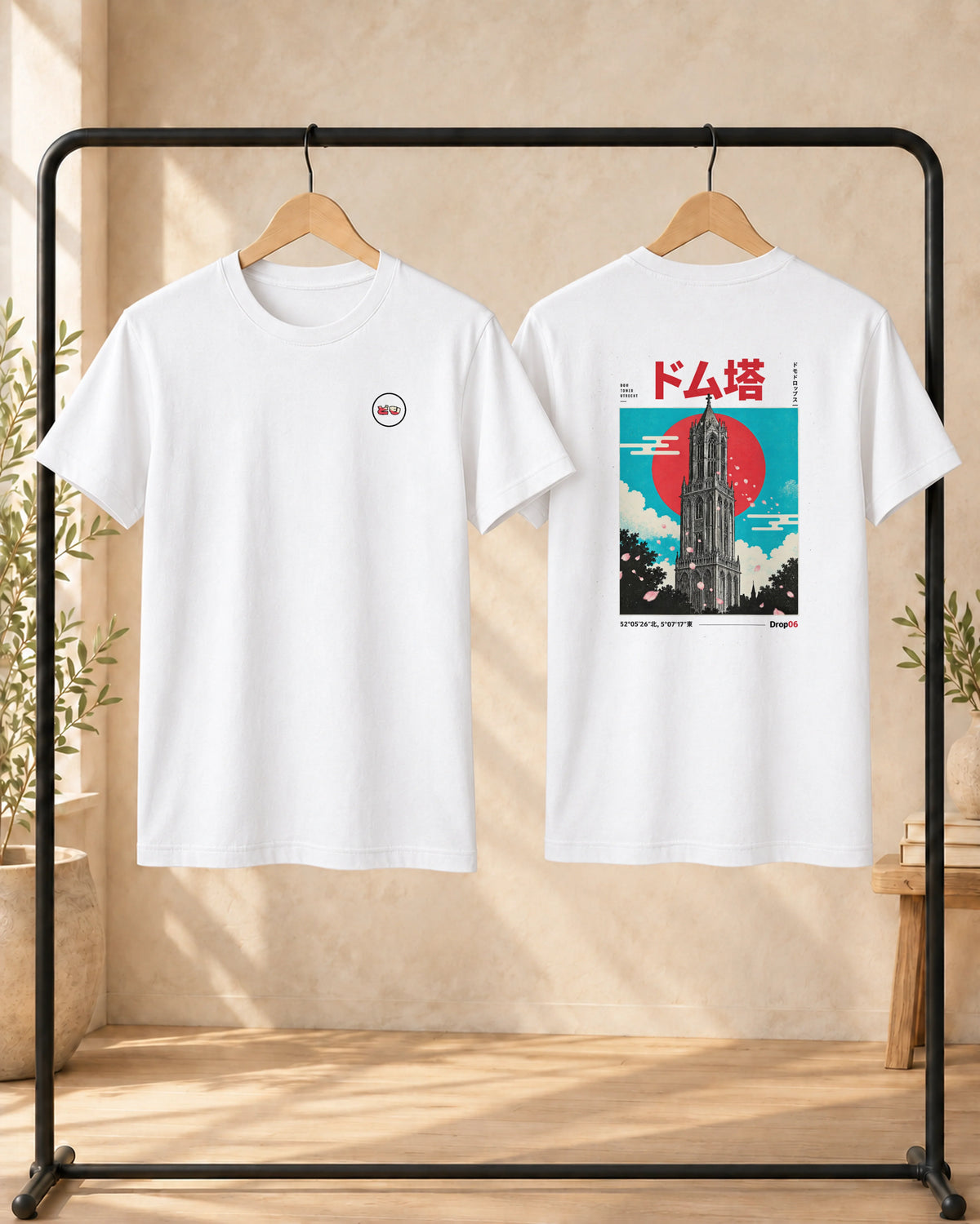 Kata Tee 型 | Origin Light — front and back views on hangers