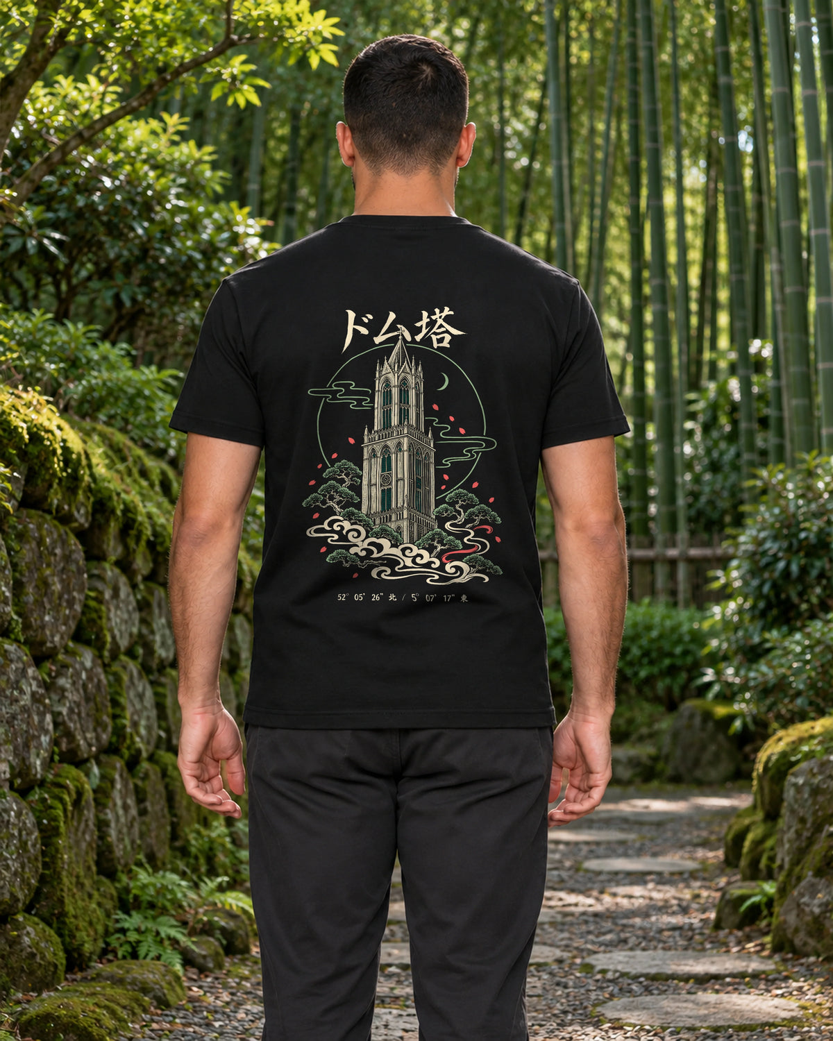 Kata Tee 型 | Zen Dark — back view showing the artwork in a Japanese setting