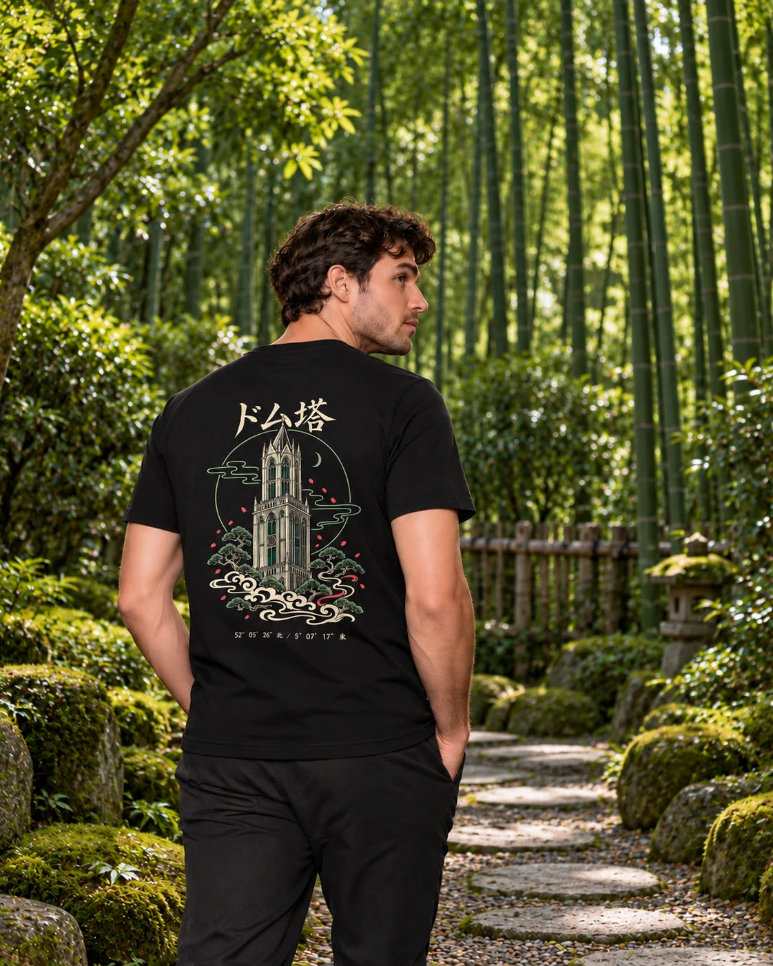 Kata Tee 型 | Zen Dark — alternative back view showing the artwork in a Japanese setting