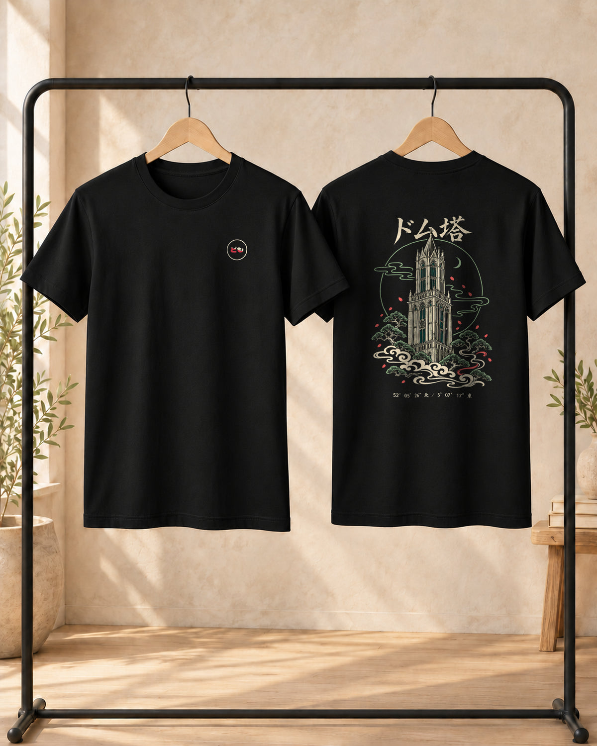 Kata Tee 型 | Zen Dark — front and back views on hangers