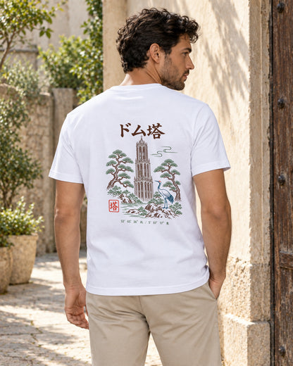 Kata Tee 型 | Zen Light — back view showing the artwork in a Japanese setting
