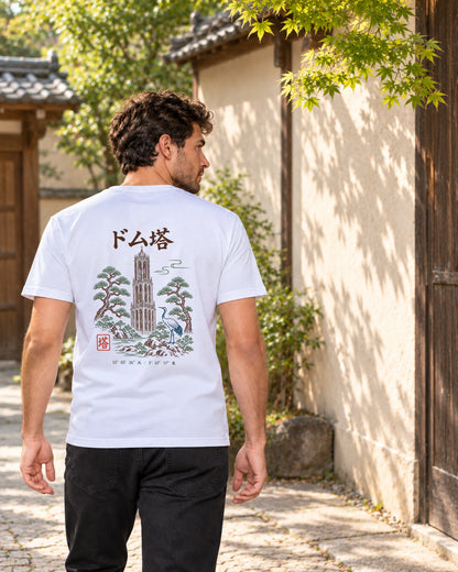Kata Tee 型 | Zen Light — alternative back view showing the artwork in a Japanese setting