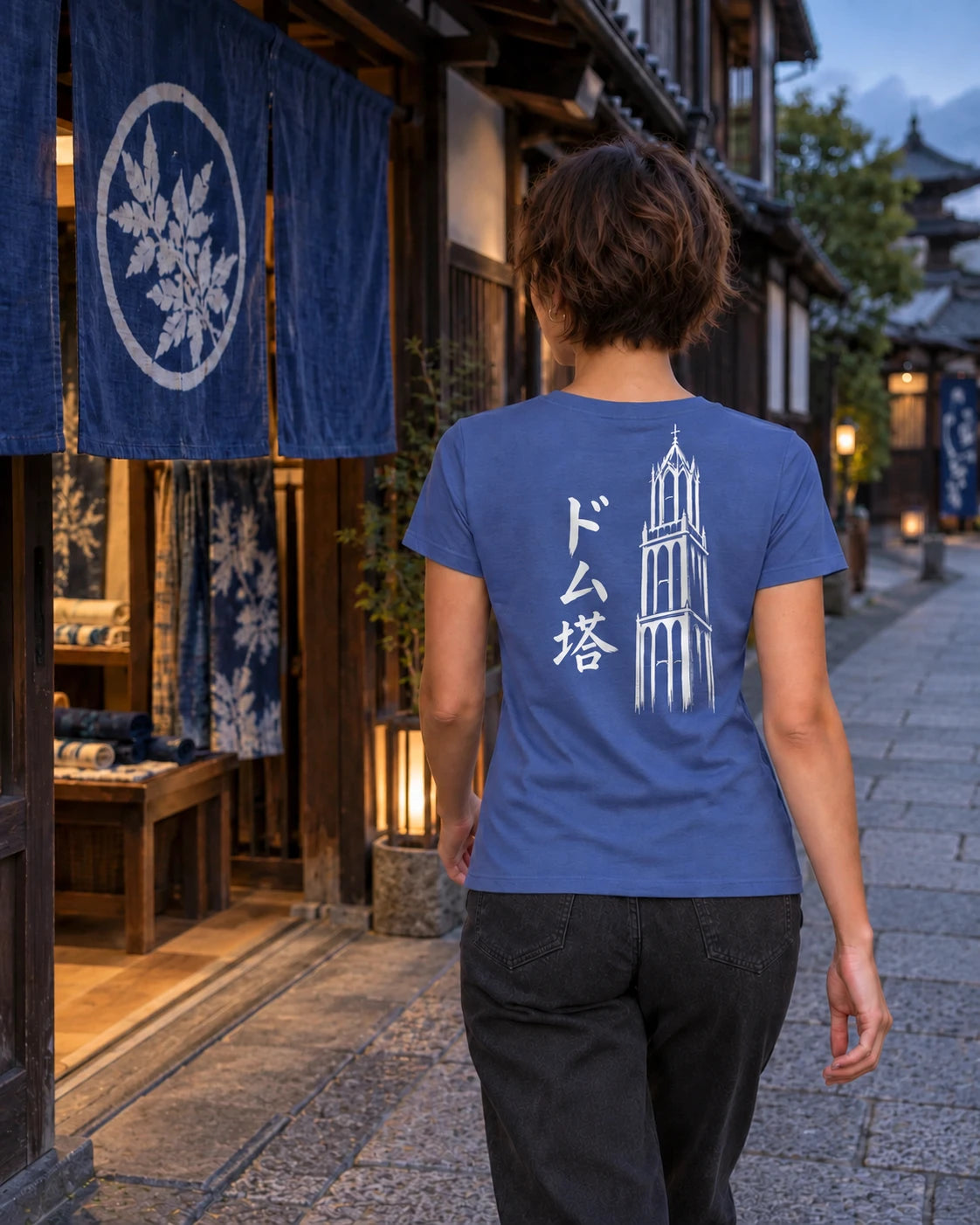 Saki Tee 咲 | Ink — back view showing the artwork in a Japanese setting