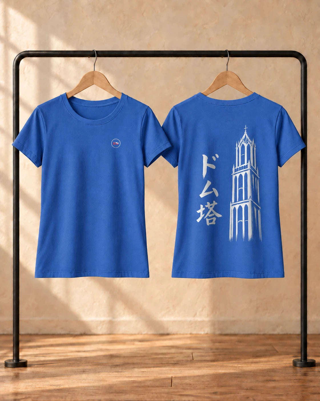 Saki Tee 咲 | Ink — front and back views on hangers