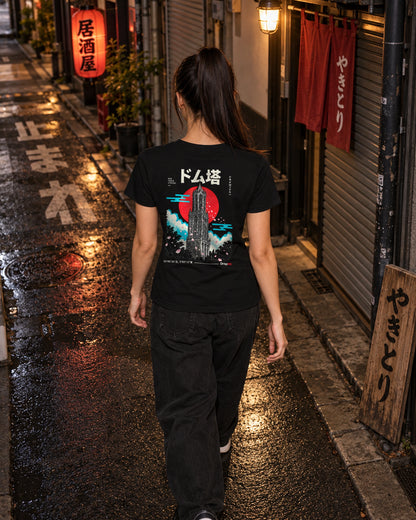 Saki Tee 咲 | Origin Dark — back view showing the artwork in a Japanese setting