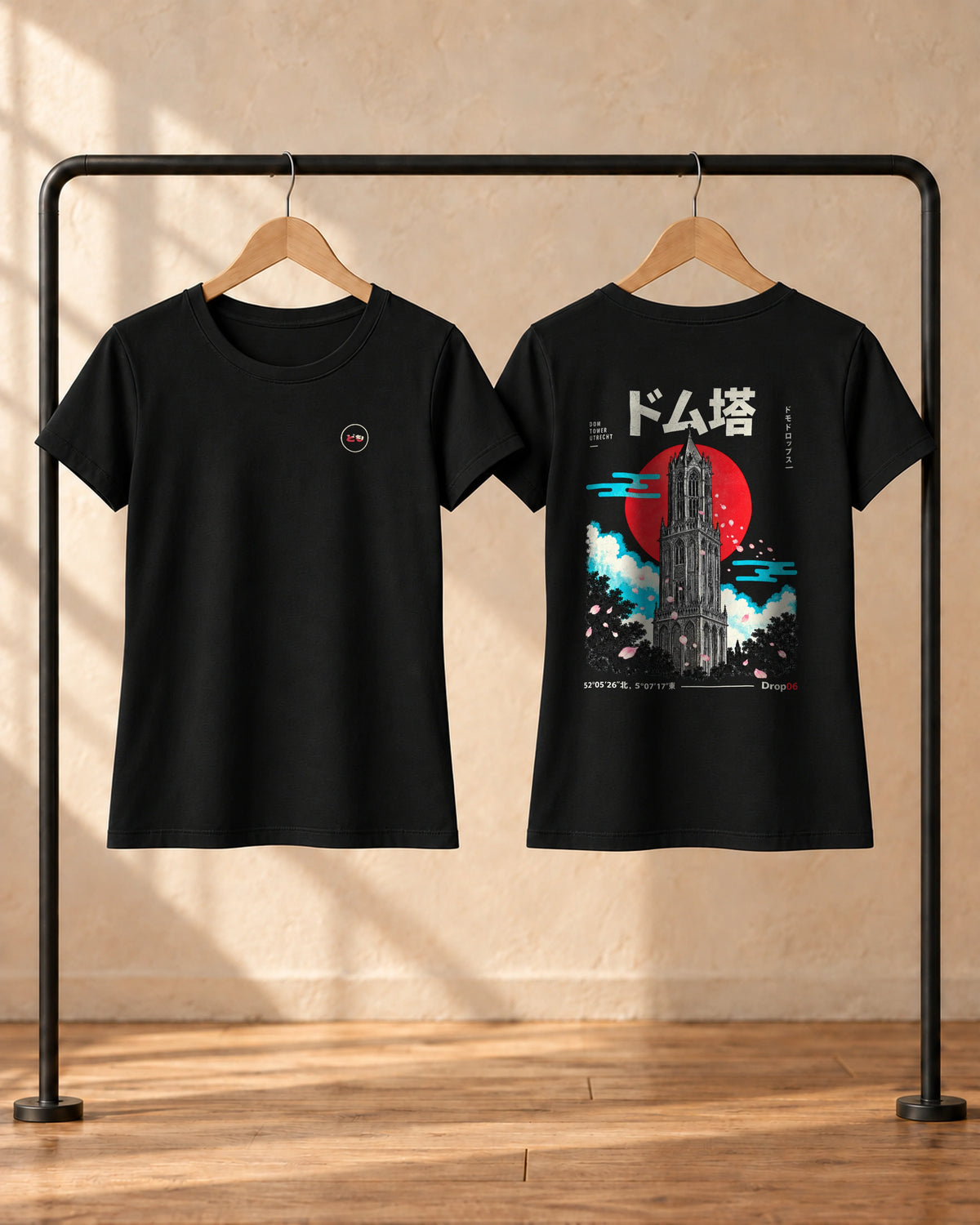Saki Tee 咲 | Origin Dark — front and back views on hangers